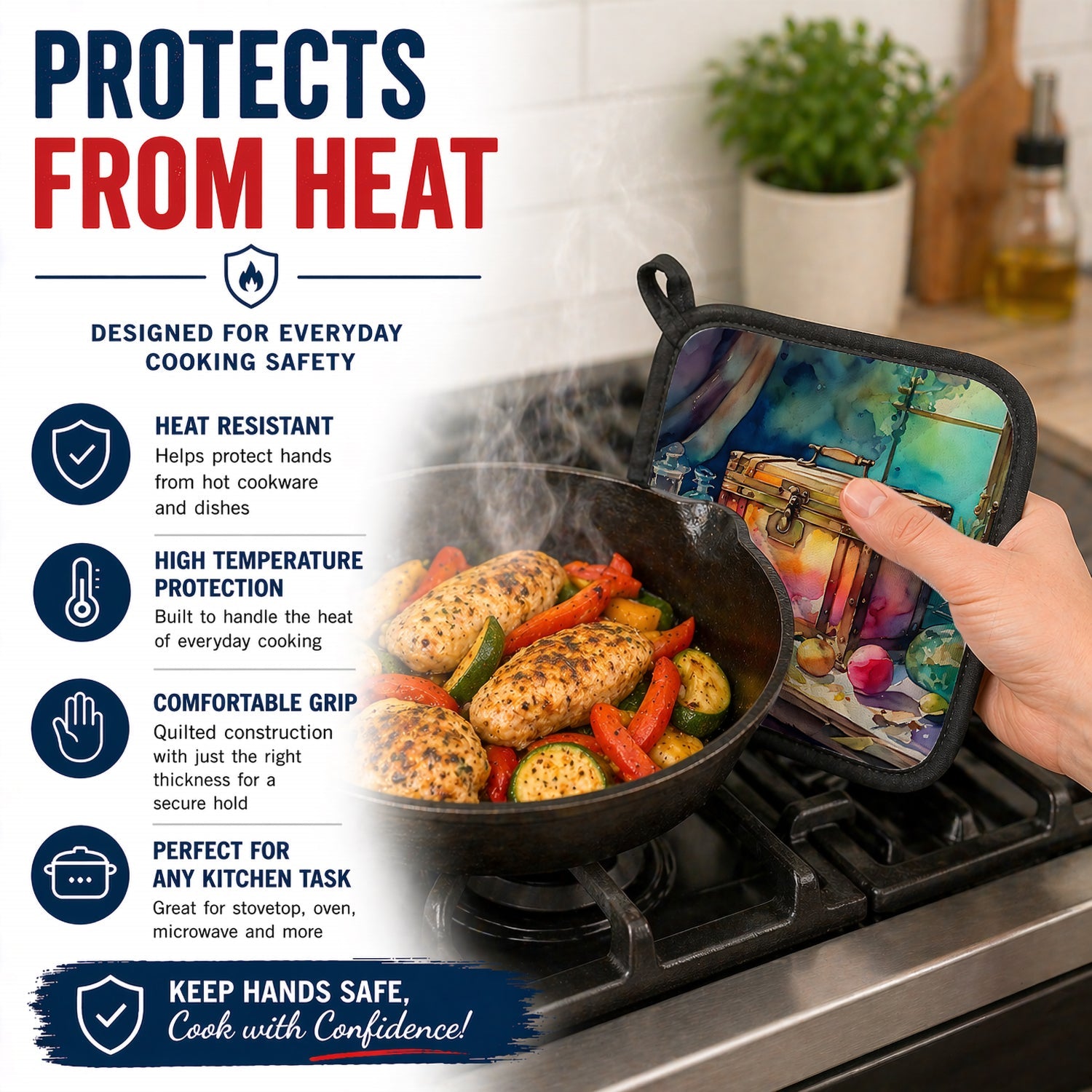 Treasure Chest Pot Holder Set of 2 Heat Resistant Quilted Hot Pads 7.5 x 7.5 Inch, Insulated Kitchen Trivets for Cooking & Baking