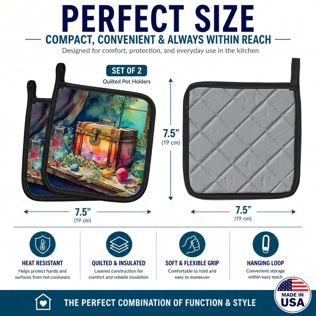 Treasure Chest Pot Holder Set of 2 Heat Resistant Quilted Hot Pads 7.5 x 7.5 Inch, Insulated Kitchen Trivets for Cooking & Baking