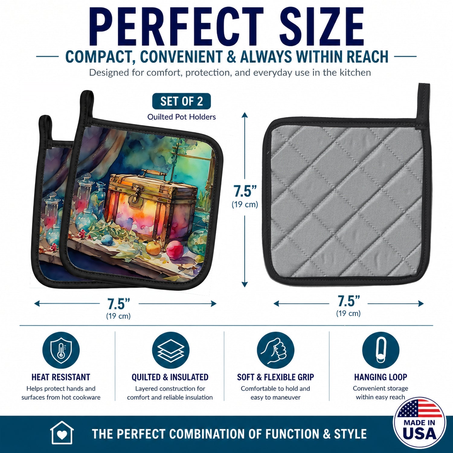 Treasure Chest Pot Holder Set of 2 Heat Resistant Quilted Hot Pads 7.5 x 7.5 Inch, Insulated Kitchen Trivets for Cooking & Baking