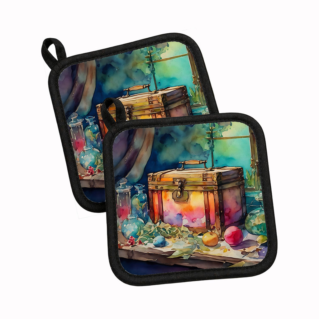 Treasure Chest Pot Holder Set of 2 Heat Resistant Quilted Hot Pads 7.5 x 7.5 Inch, Insulated Kitchen Trivets for Cooking & Baking
