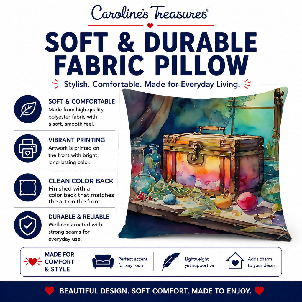 Treasure Chest Decorative Throw Pillow 14x14 Indoor Outdoor Accent Cushion, Fabric Cover with Insert for Sofa, Bed, Porch & Living Room