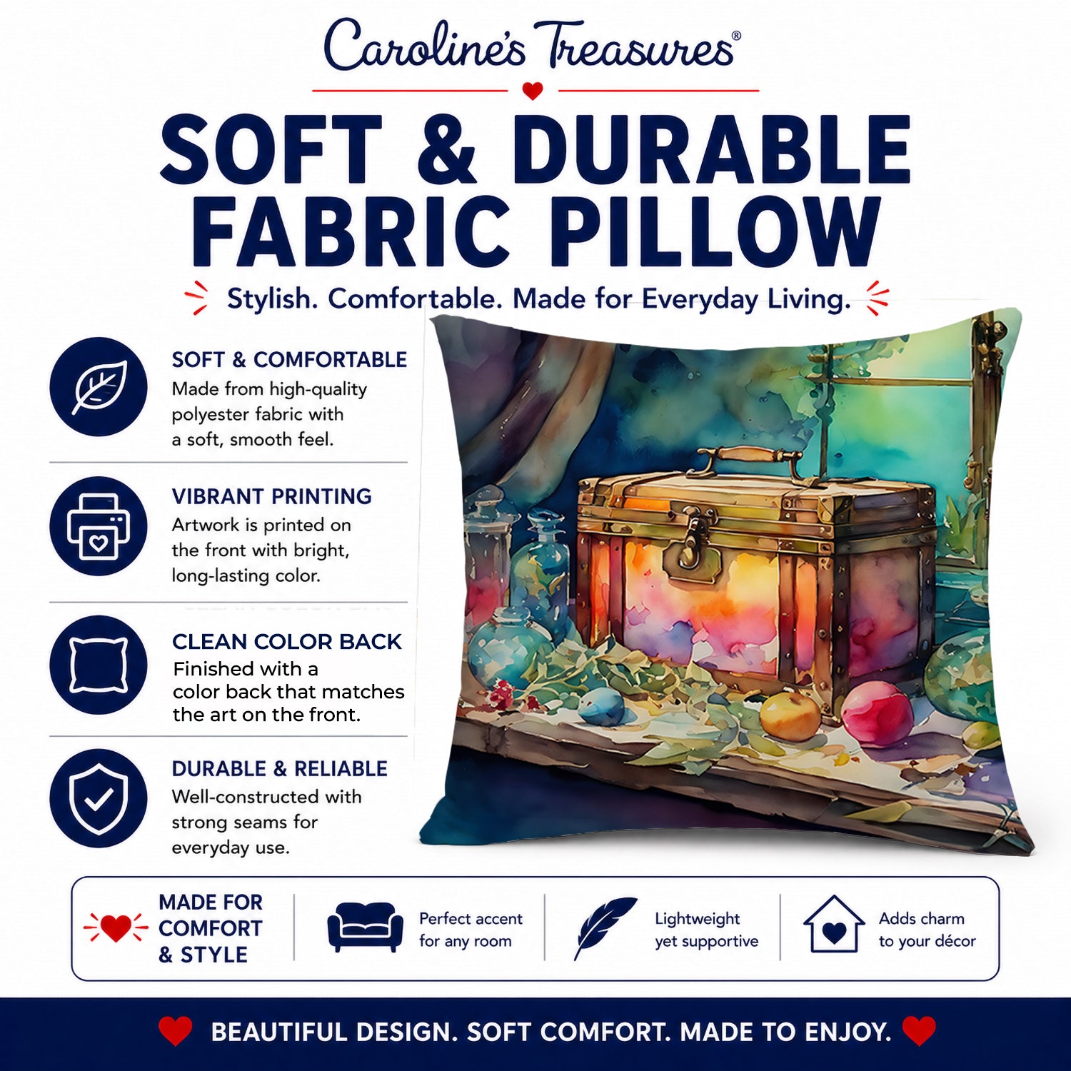 Treasure Chest Decorative Throw Pillow 14x14 Indoor Outdoor Accent Cushion, Fabric Cover with Insert for Sofa, Bed, Porch & Living Room