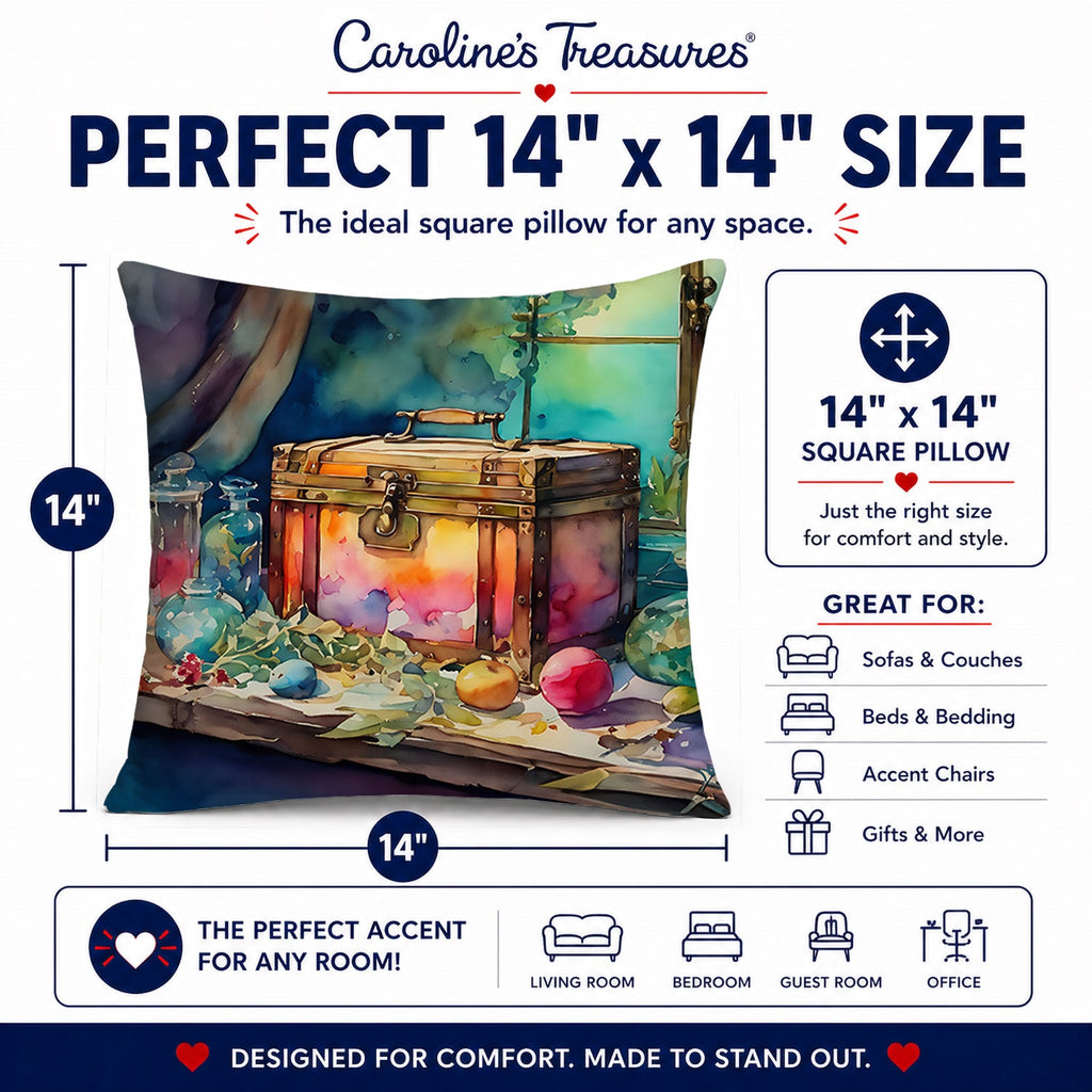 Treasure Chest Decorative Throw Pillow 14x14 Indoor Outdoor Accent Cushion, Fabric Cover with Insert for Sofa, Bed, Porch & Living Room
