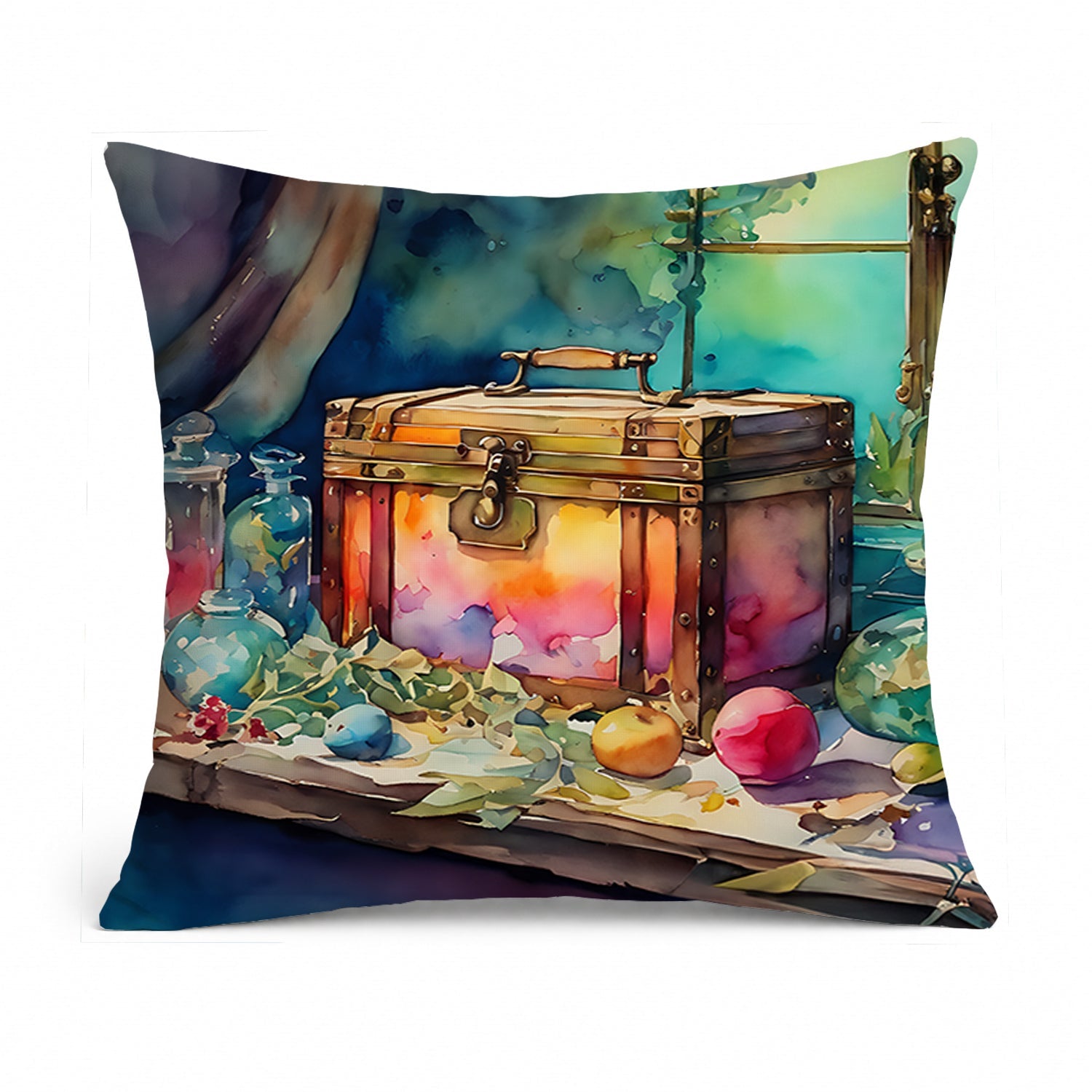 Treasure Chest Decorative Throw Pillow 14x14 Indoor Outdoor Accent Cushion, Fabric Cover with Insert for Sofa, Bed, Porch & Living Room