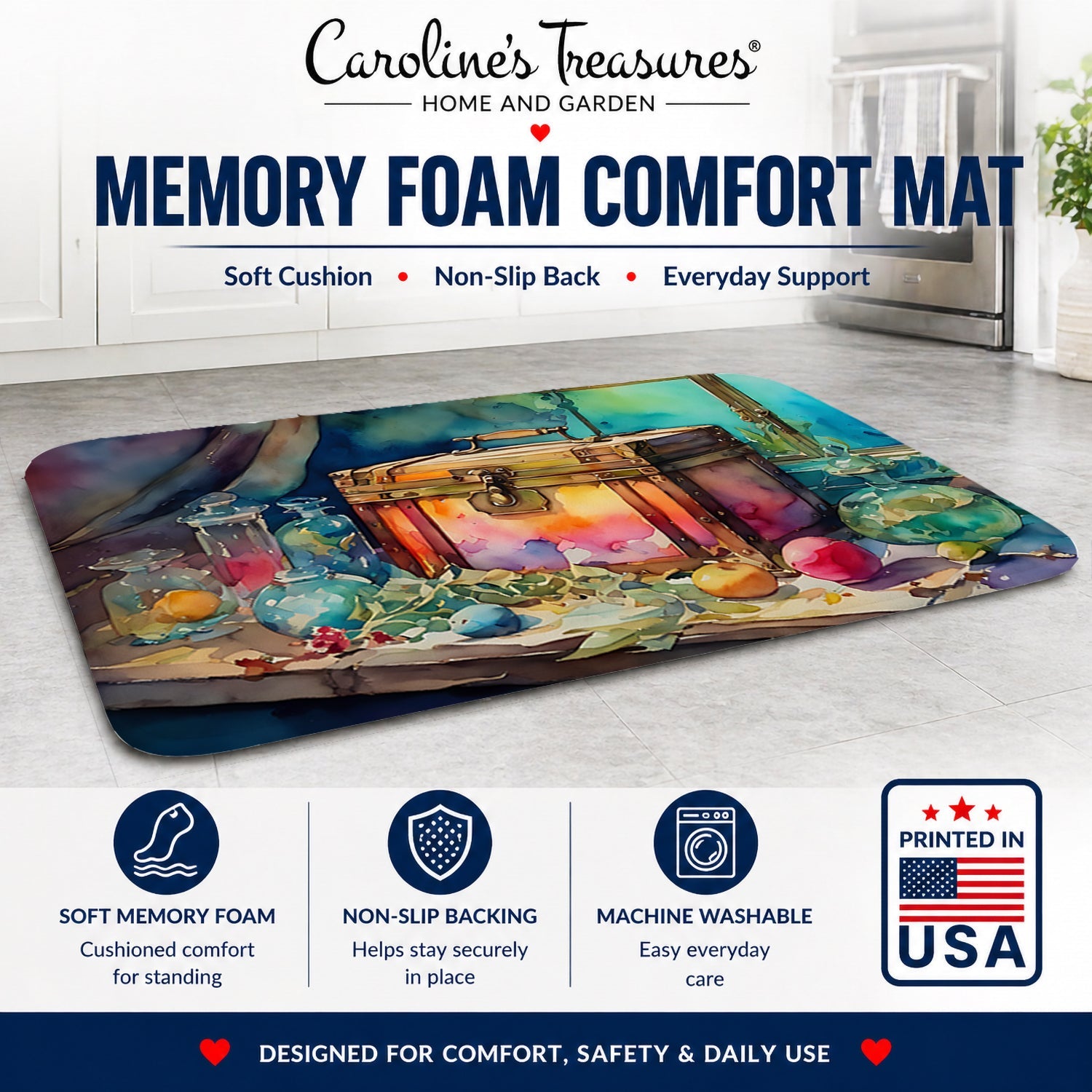 Treasure Chest Memory Foam Kitchen Mat Machine Washable Anti-Fatigue Cushion Comfort Bath or Kitchen Rug