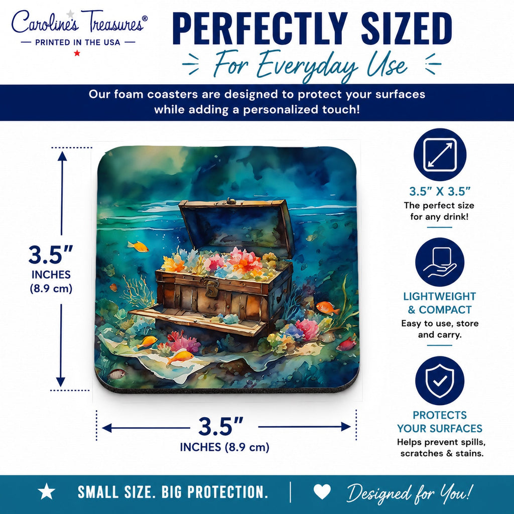 Treasure Chest Foam Coasters Set of 4 Cup Coasters for Indoor Outdoor, Tabletop Protection, Anti Slip, Mouse pad Material