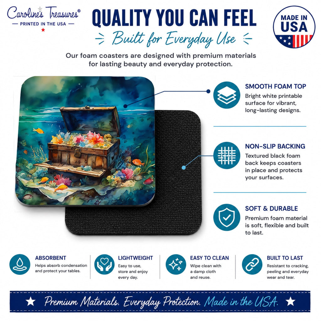 Treasure Chest Foam Coasters Set of 4 Cup Coasters for Indoor Outdoor, Tabletop Protection, Anti Slip, Mouse pad Material