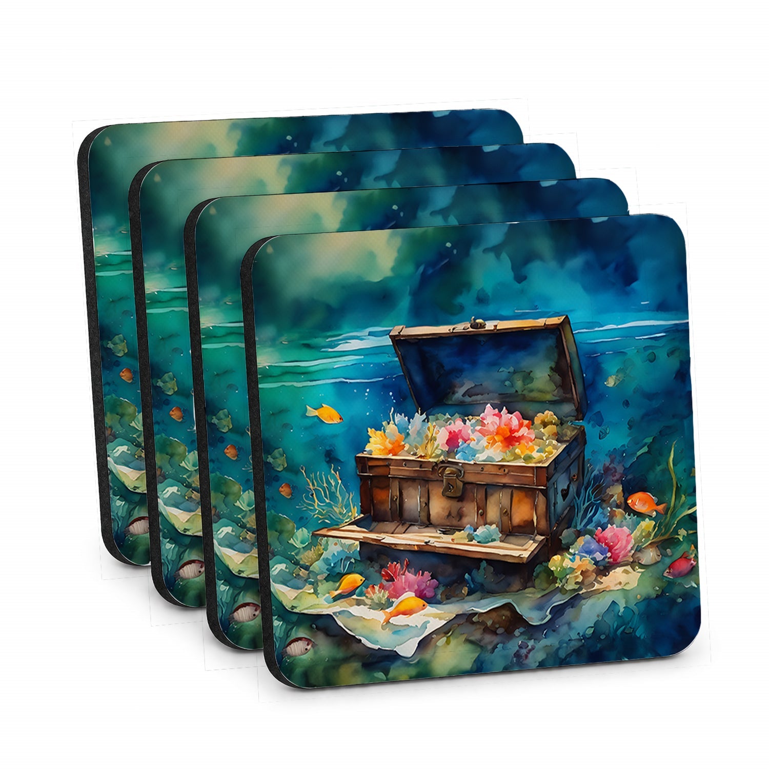 Treasure Chest Foam Coasters Set of 4 Cup Coasters for Indoor Outdoor, Tabletop Protection, Anti Slip, Mouse pad Material