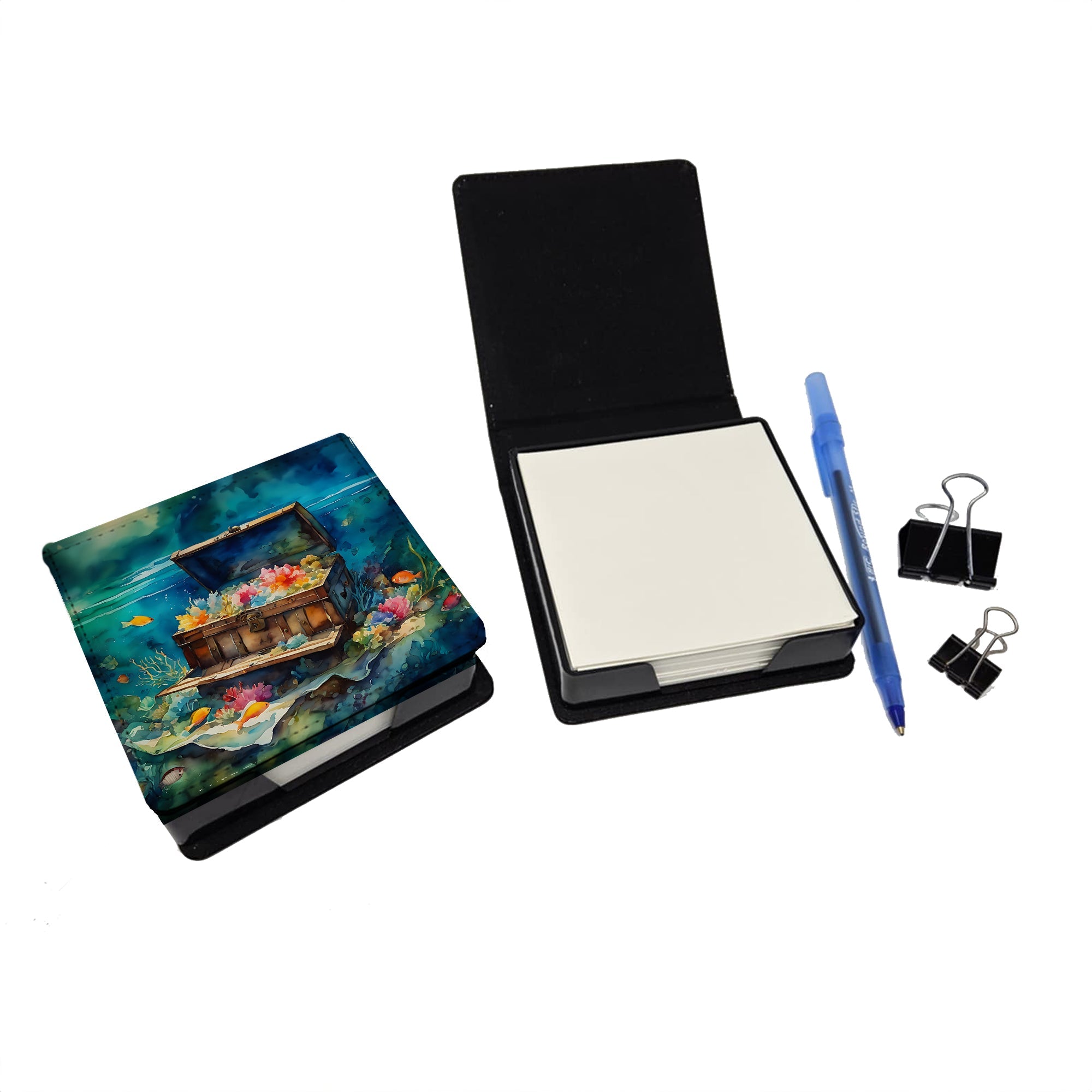 Treasure Chest PU Leather Note Paper Holder with Artist-Designed Cover, Desk Accessory, Office Gift