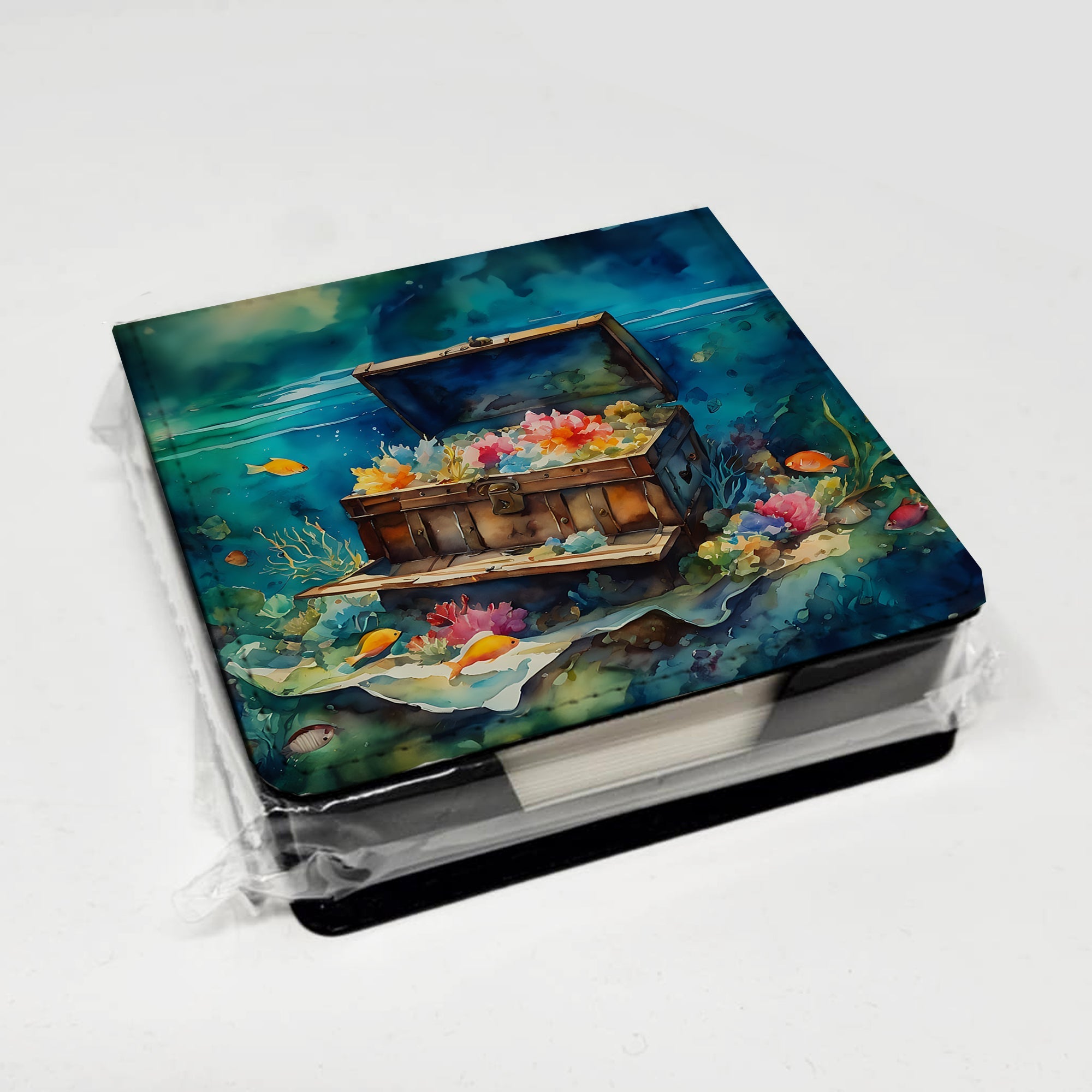 Treasure Chest PU Leather Note Paper Holder with Artist-Designed Cover, Desk Accessory, Office Gift