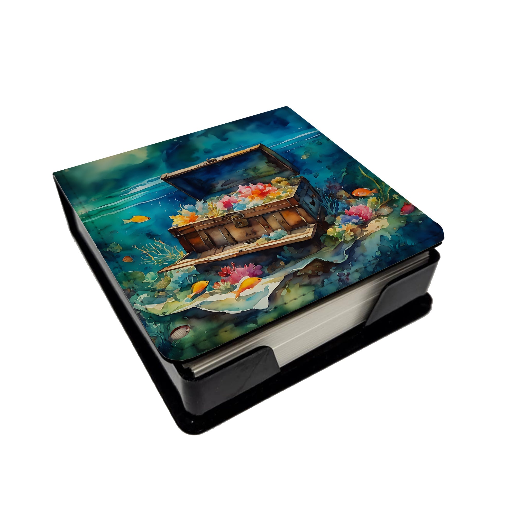 Treasure Chest PU Leather Note Paper Holder with Artist-Designed Cover, Desk Accessory, Office Gift