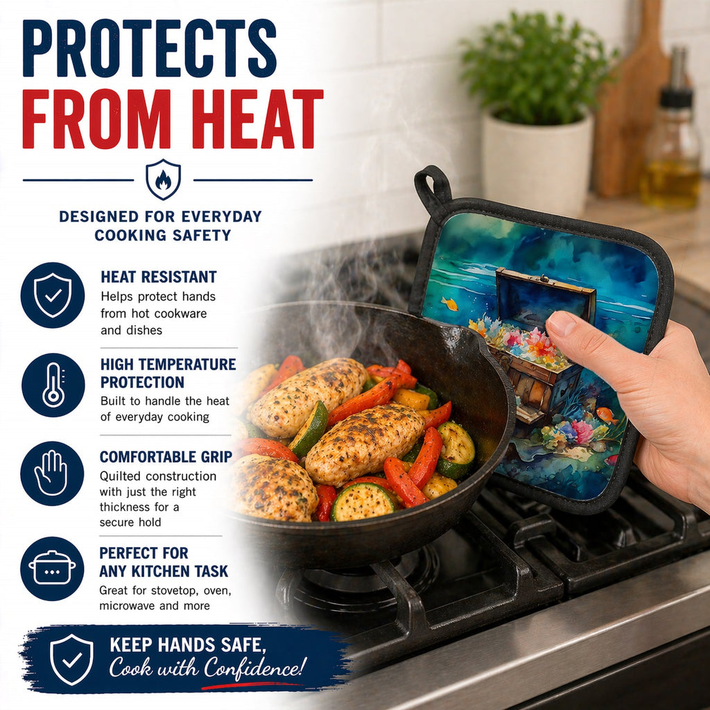 Treasure Chest Pot Holder Set of 2 Heat Resistant Quilted Hot Pads 7.5 x 7.5 Inch, Insulated Kitchen Trivets for Cooking & Baking