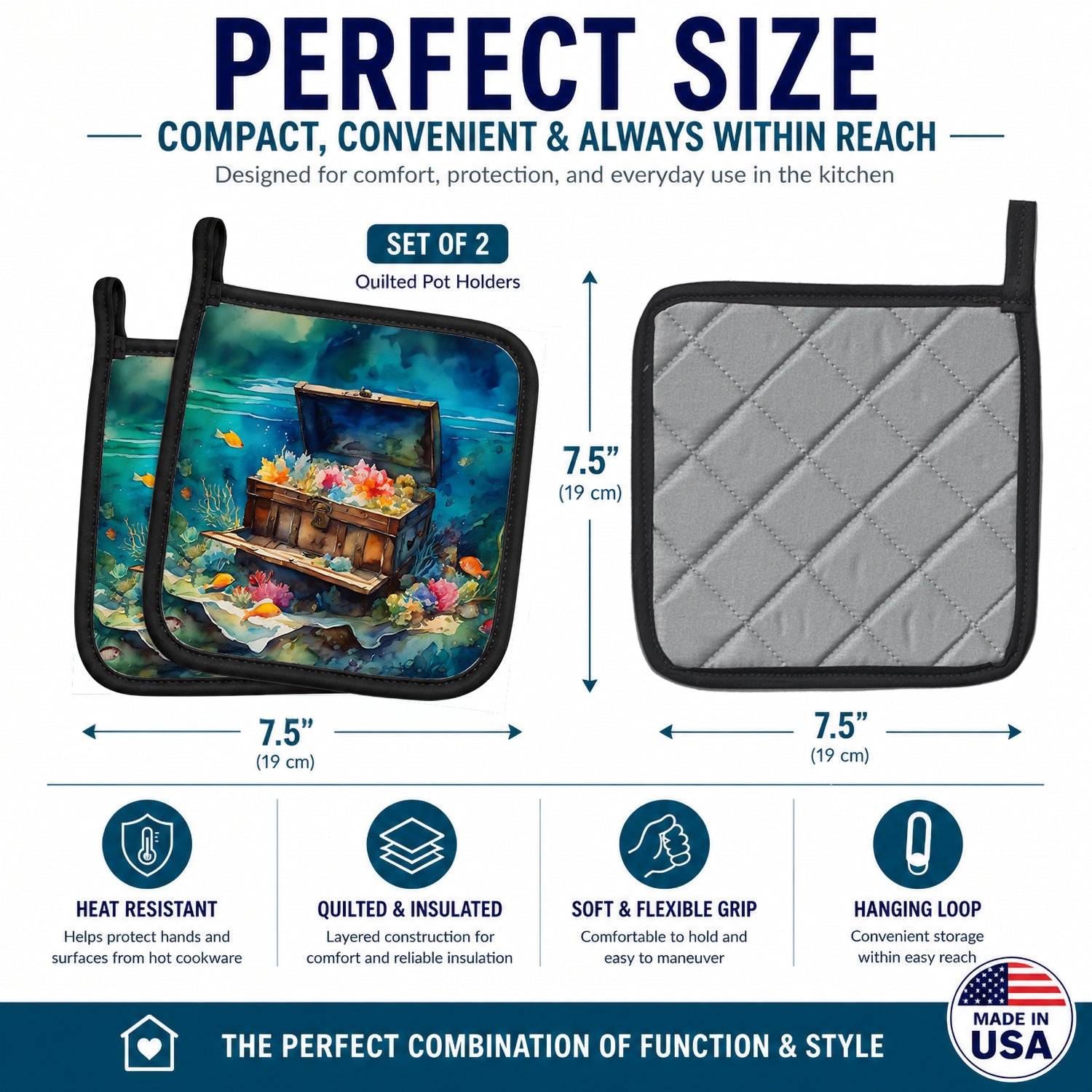 Treasure Chest Pot Holder Set of 2 Heat Resistant Quilted Hot Pads 7.5 x 7.5 Inch, Insulated Kitchen Trivets for Cooking & Baking