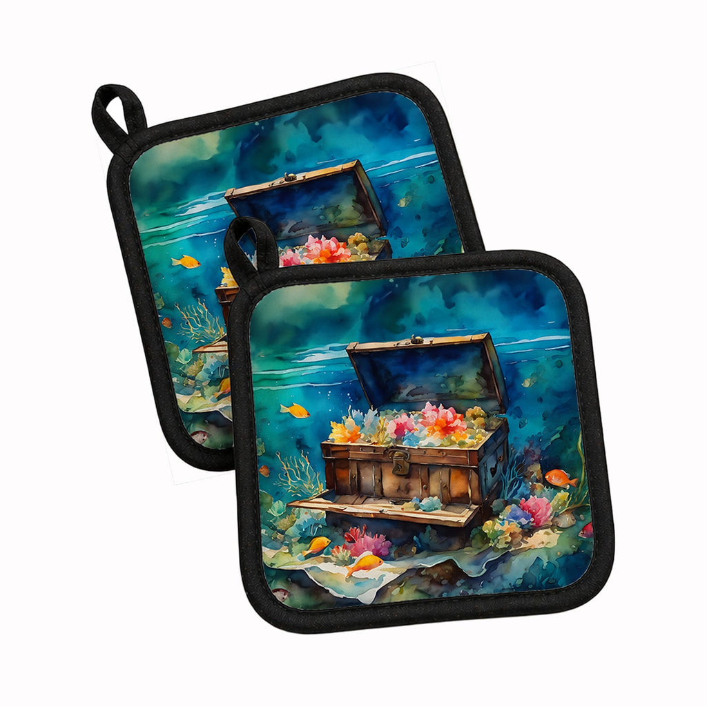 Treasure Chest Pot Holder Set of 2 Heat Resistant Quilted Hot Pads 7.5 x 7.5 Inch, Insulated Kitchen Trivets for Cooking & Baking