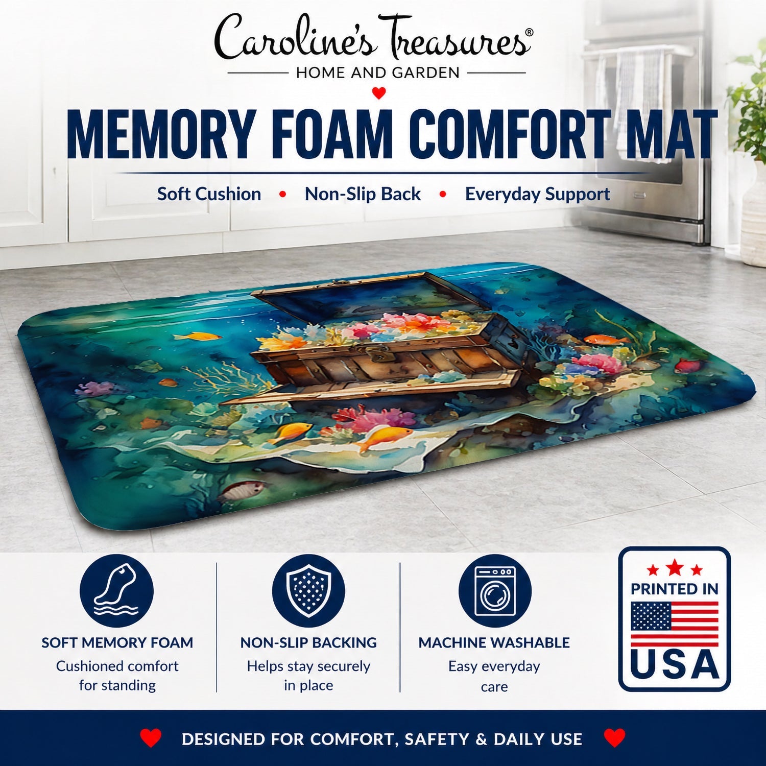 Treasure Chest Memory Foam Kitchen Mat Machine Washable Anti-Fatigue Cushion Comfort Bath or Kitchen Rug