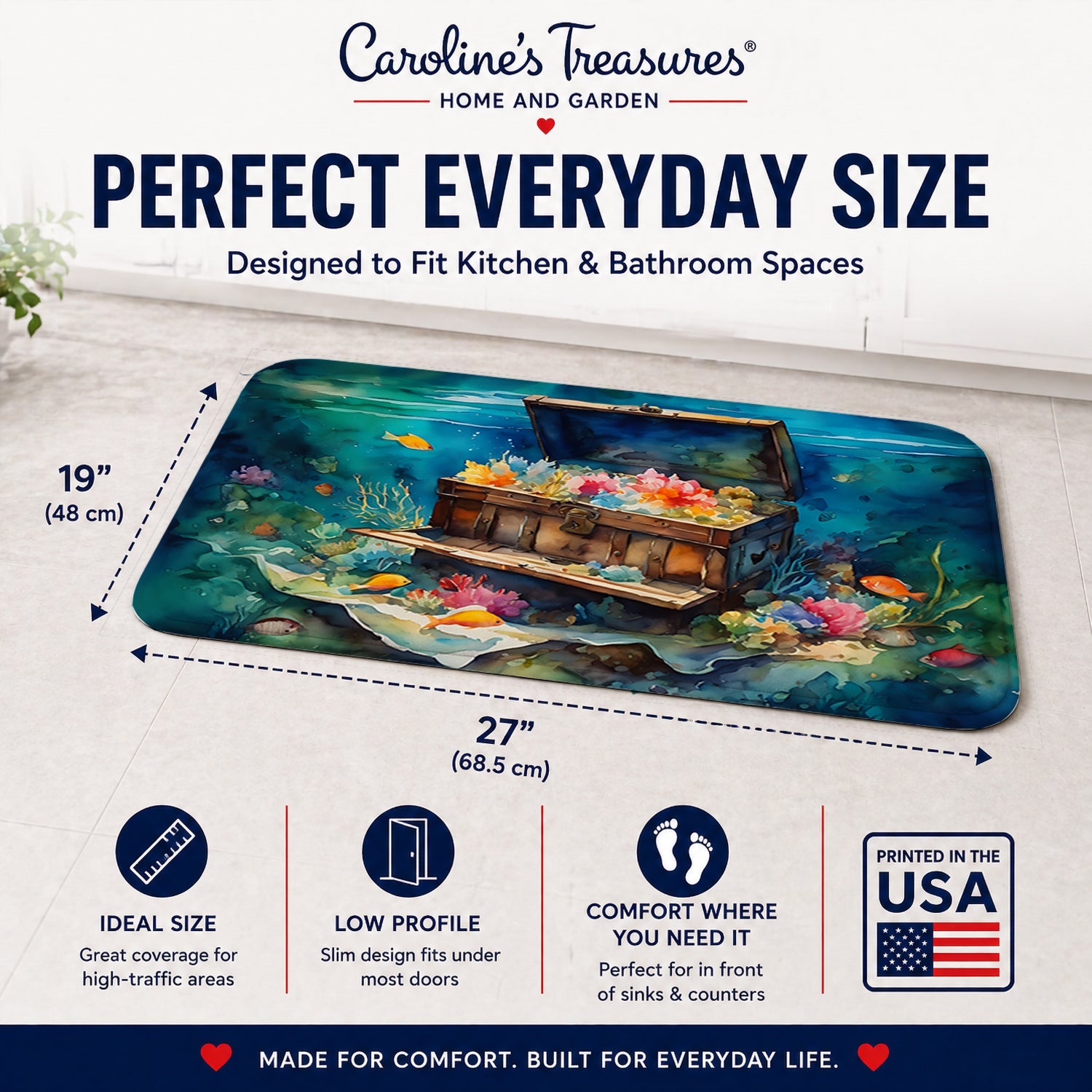 Treasure Chest Memory Foam Kitchen Mat Machine Washable Anti-Fatigue Cushion Comfort Bath or Kitchen Rug