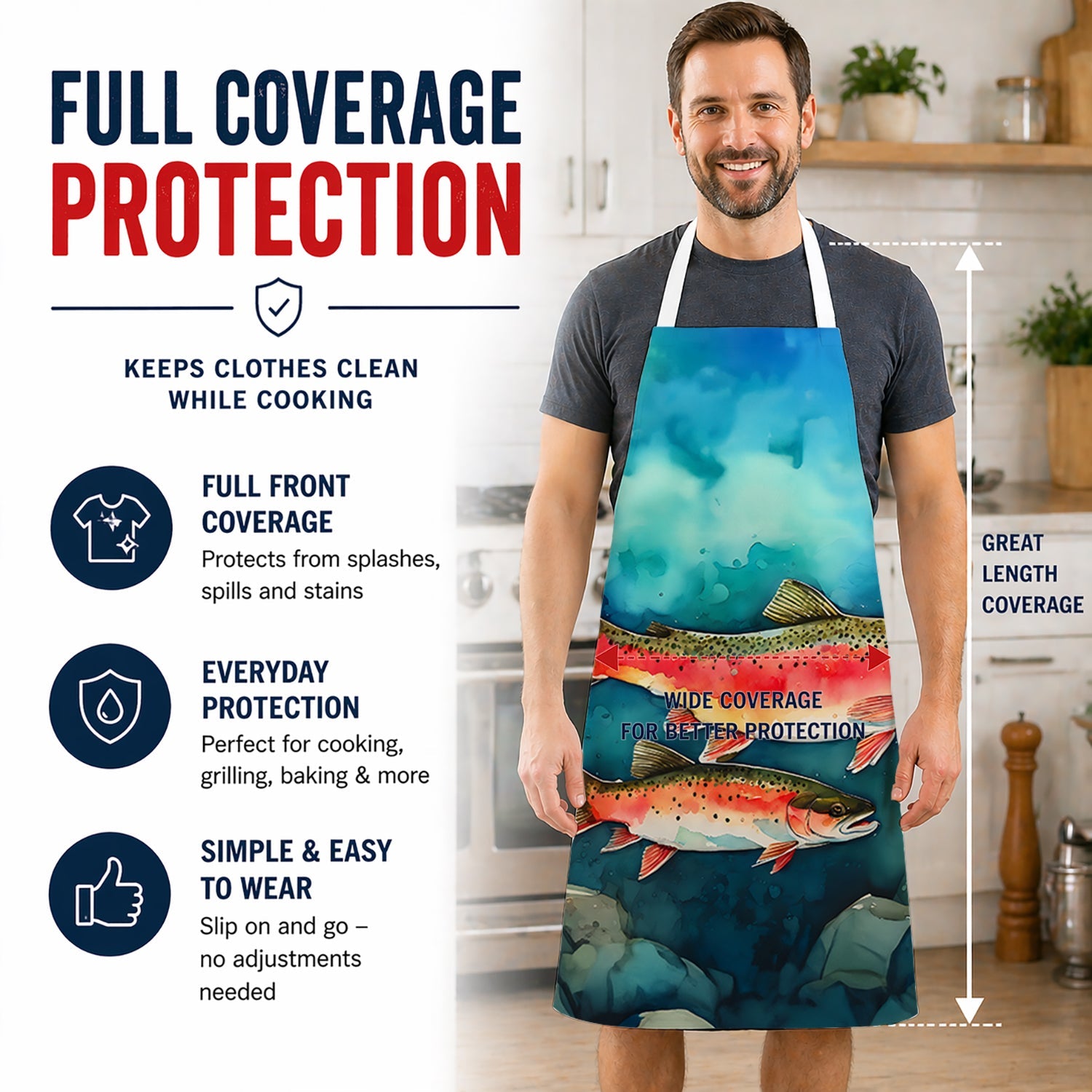 Trout Apron Cooking Kitchen Server Baking Crafts Gardening for Adult Women Men, Unisex, Large, Multicolor