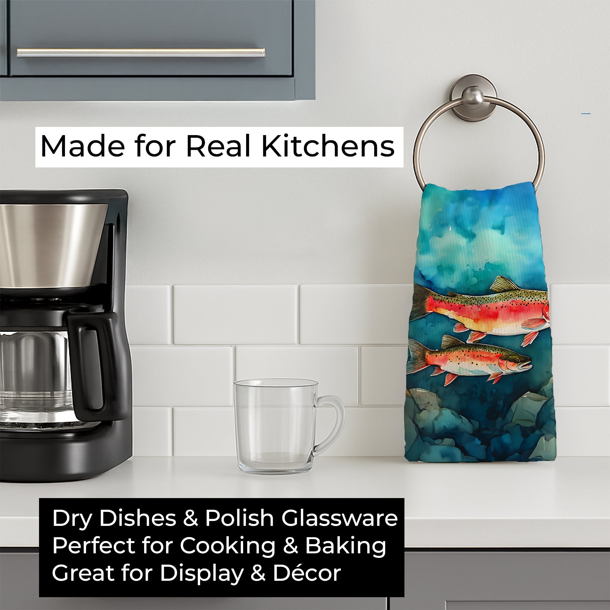 Trout Kitchen Towel Velour Plush Front and Cotton Loop Back Machine Washable