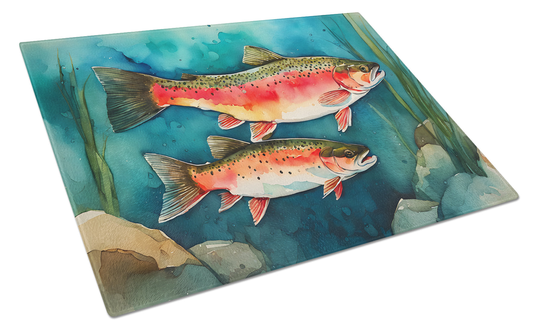 Trout Cutting Board Tempered Glass Kitchen Cutting Surface, Heat Resistant Chopping, Non-Slip Feet, Food Prep & Serving