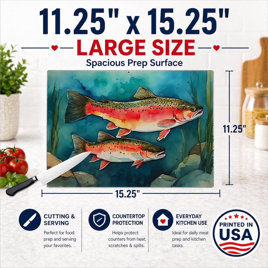Trout Cutting Board Tempered Glass Kitchen Cutting Surface, Heat Resistant Chopping, Non-Slip Feet, Food Prep & Serving