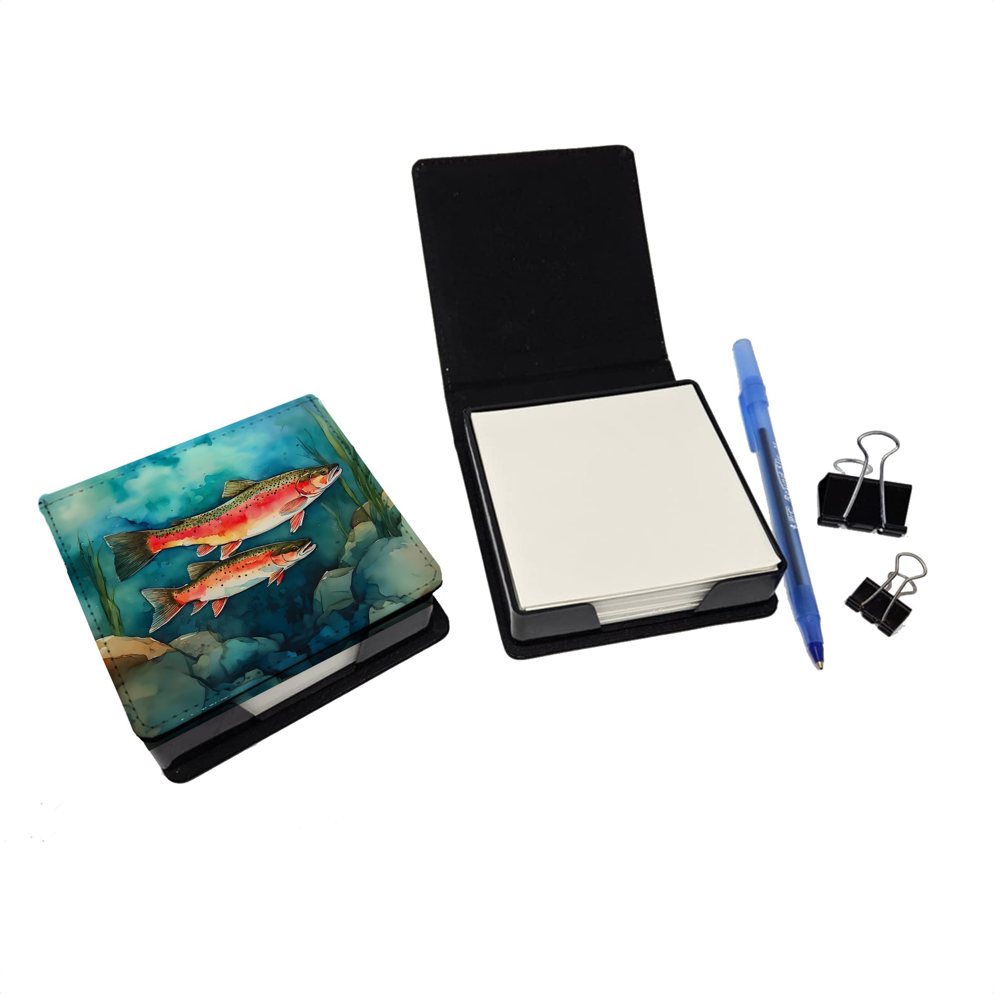 Trout PU Leather Note Paper Holder with Artist-Designed Cover, Desk Accessory, Office Gift