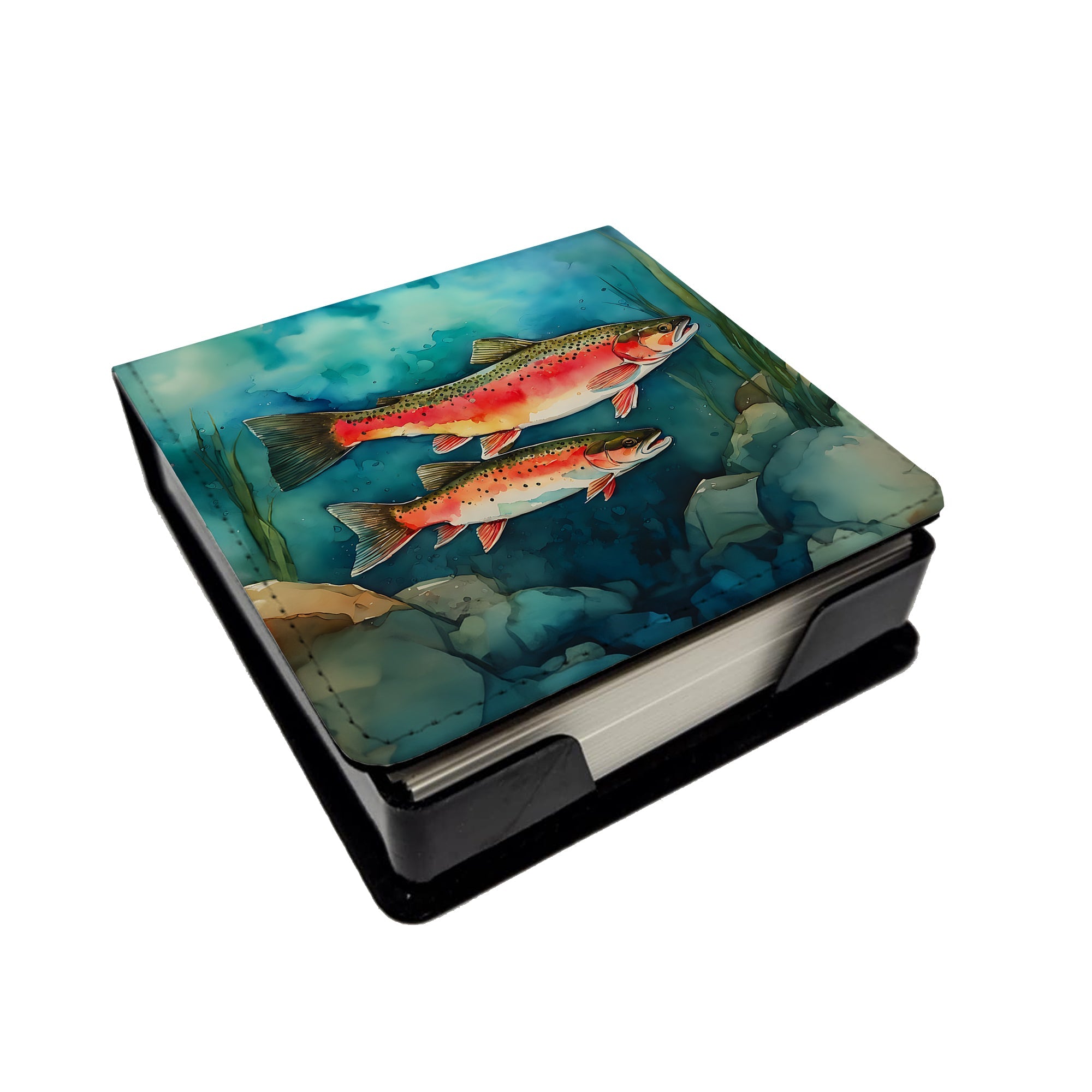 Trout PU Leather Note Paper Holder with Artist-Designed Cover, Desk Accessory, Office Gift