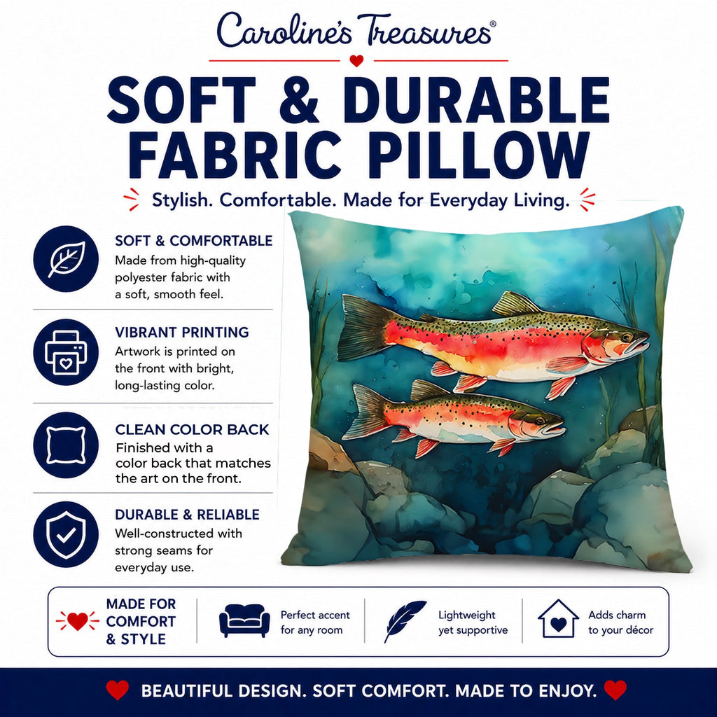 Trout Decorative Throw Pillow 14x14 Indoor Outdoor Accent Cushion, Fabric Cover with Insert for Sofa, Bed, Porch & Living Room