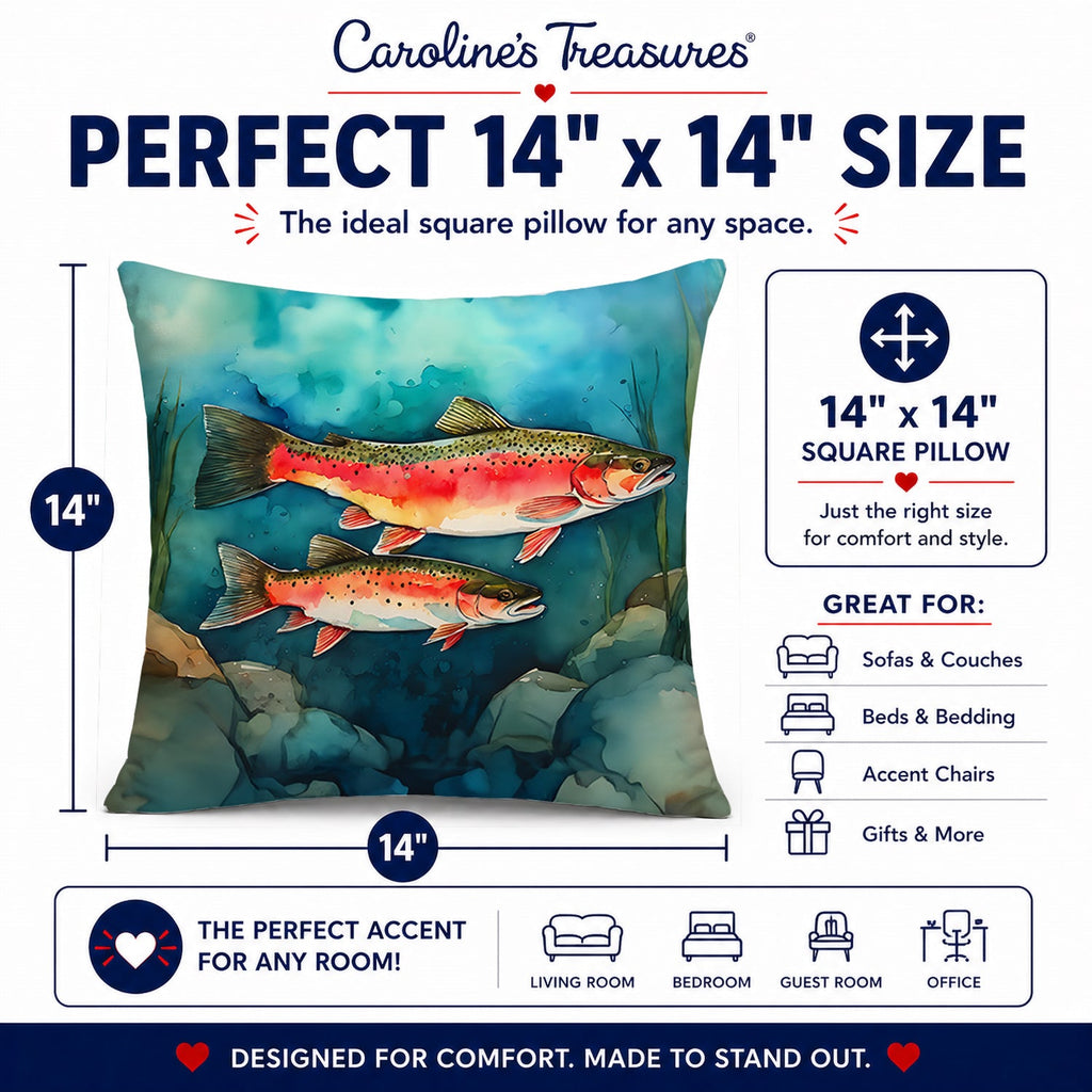 Trout Decorative Throw Pillow 14x14 Indoor Outdoor Accent Cushion, Fabric Cover with Insert for Sofa, Bed, Porch & Living Room
