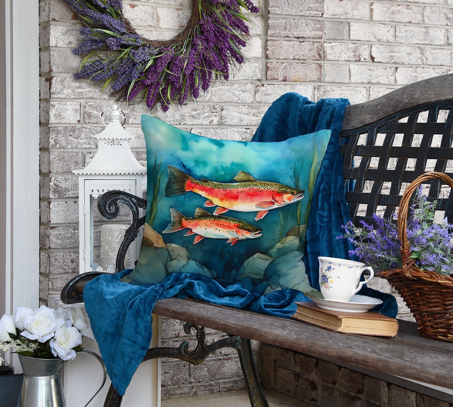 Trout Decorative Throw Pillow 18x18 Indoor Outdoor Accent Cushion, Fabric Cover with Insert for Sofa, Bed, Porch & Living Room