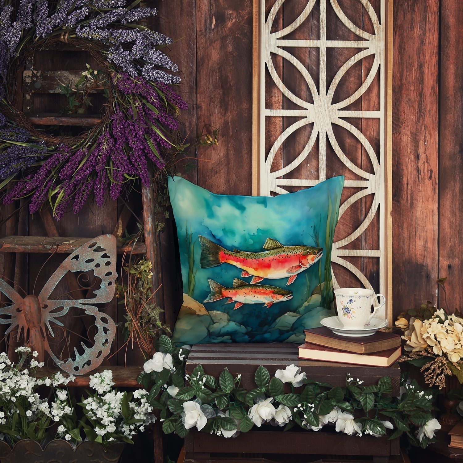 Trout Decorative Throw Pillow 18x18 Indoor Outdoor Accent Cushion, Fabric Cover with Insert for Sofa, Bed, Porch & Living Room