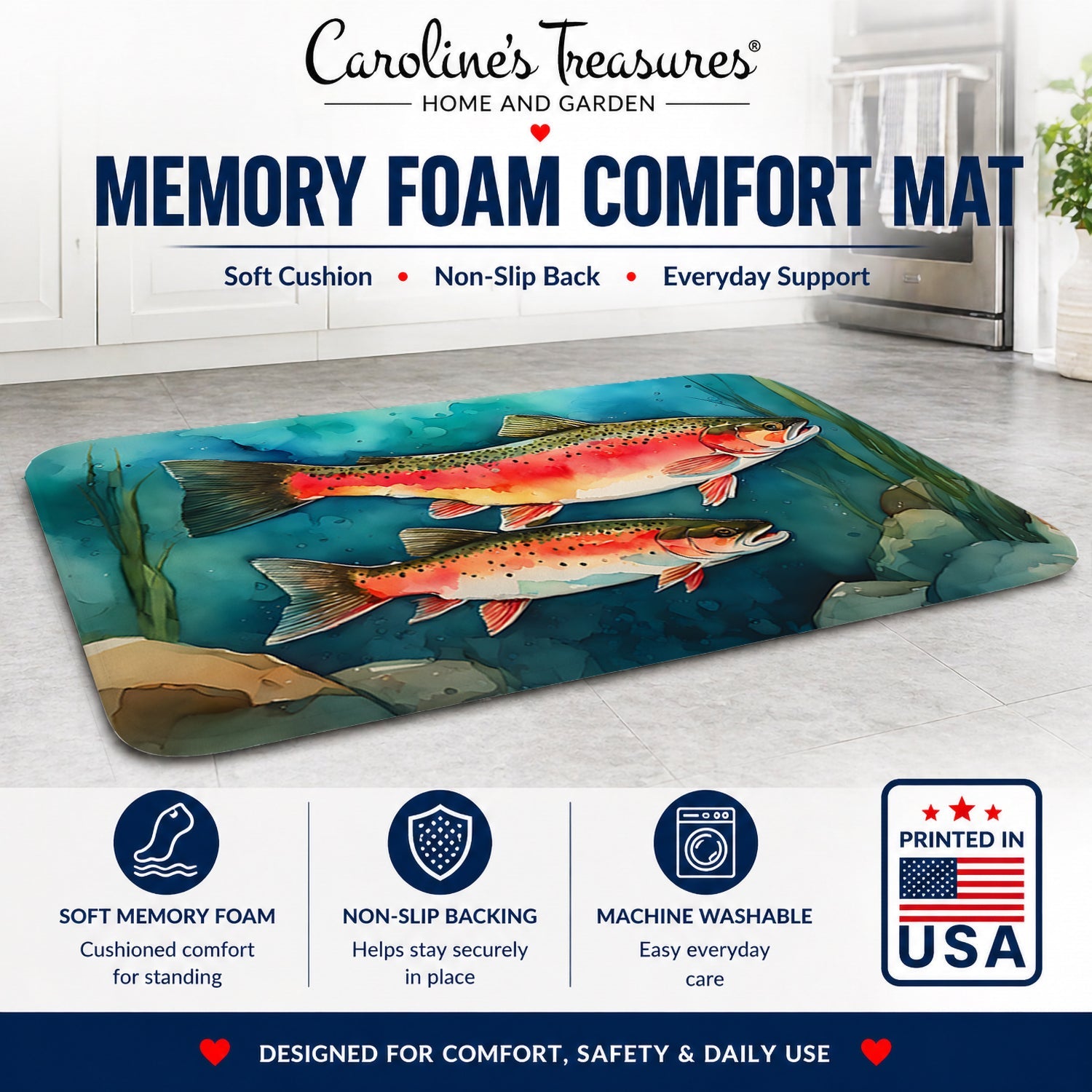 Trout Memory Foam Kitchen Mat Machine Washable Anti-Fatigue Cushion Comfort Bath or Kitchen Rug