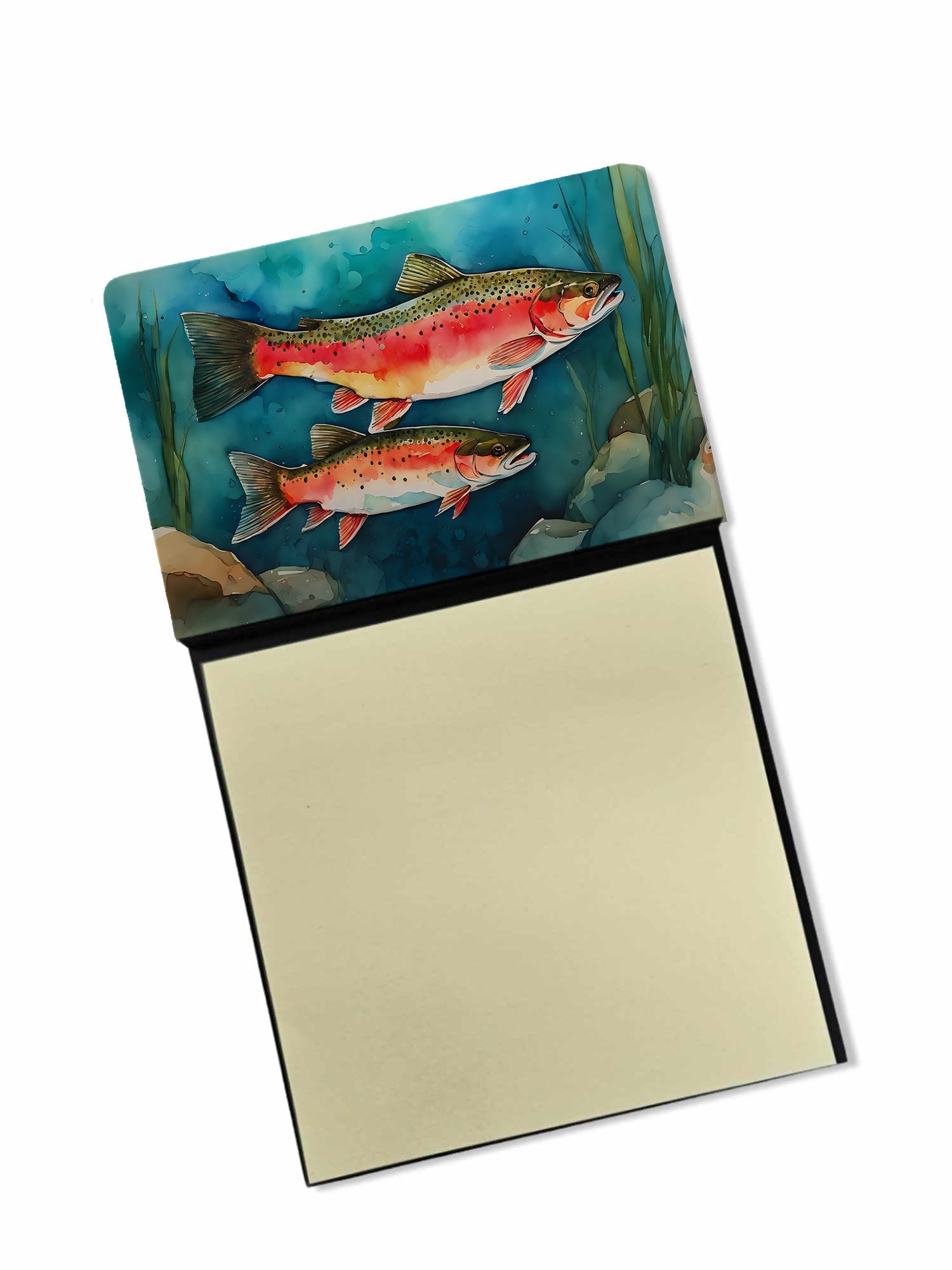 Trout Watercolor Sticky Note Holder Refillable Dispenser Desk Accessory 3x3 Pad Gift