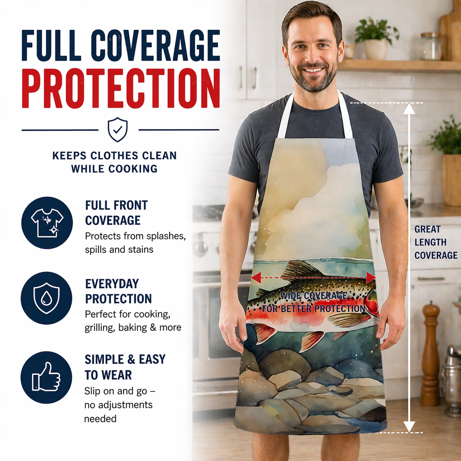 Trout Apron Cooking Kitchen Server Baking Crafts Gardening for Adult Women Men, Unisex, Large, Multicolor