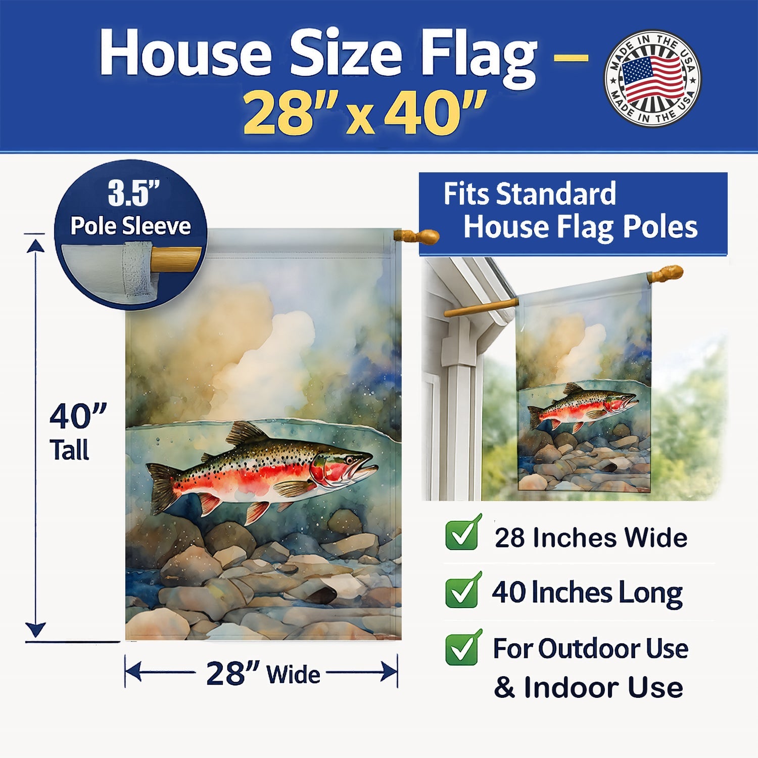 Trout House Flag 28x40 Porch Sleeve Pole Decorative Outside Yard Banner Artwork Wall Hanging, Polyester