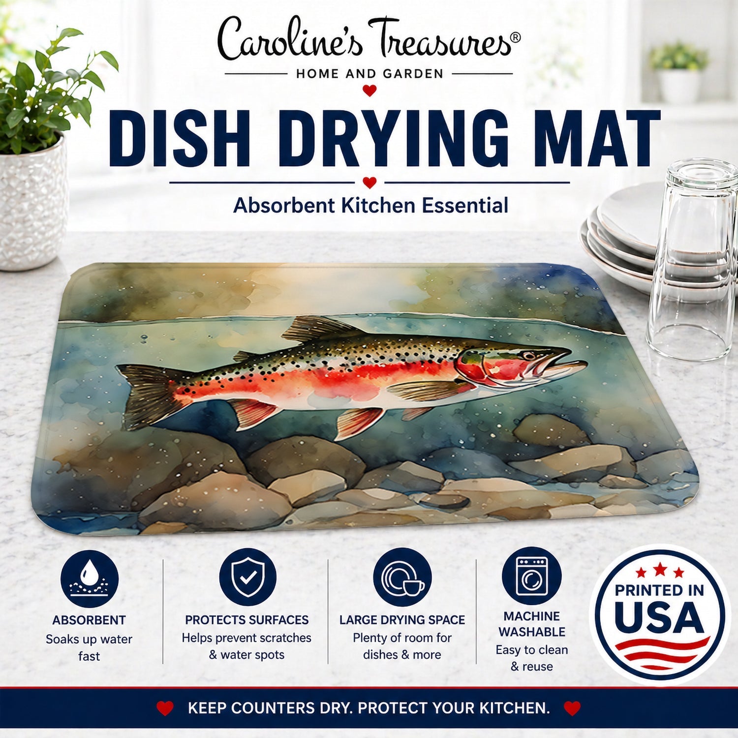 Trout Dish Drying Mat Absorbent Dish Drying Mat Pad for Kitchen Counter Dish Drainer Mat for Countertop, 14 x 21", Multicolor