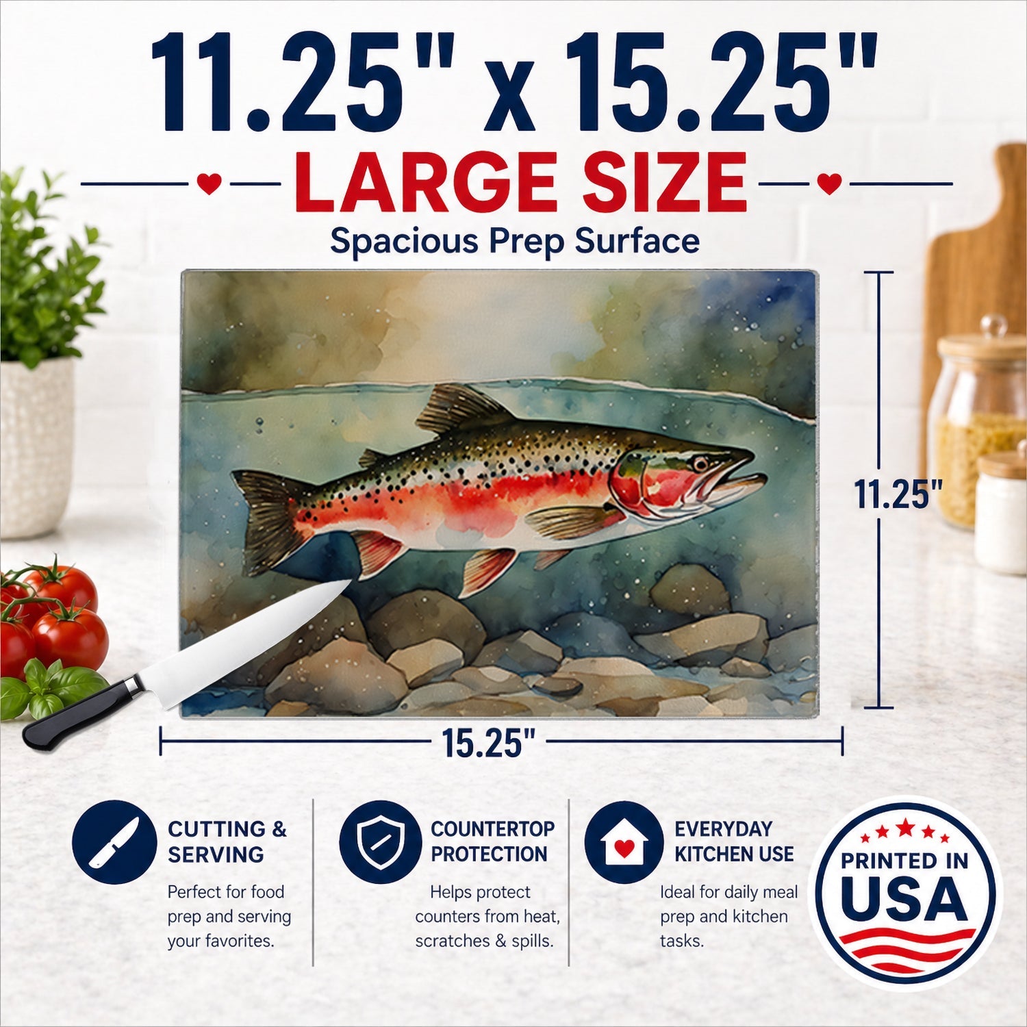 Trout Cutting Board Tempered Glass Kitchen Cutting Surface, Heat Resistant Chopping, Non-Slip Feet, Food Prep & Serving