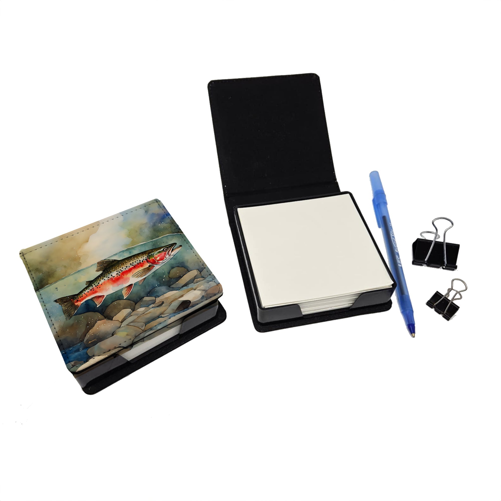 Trout PU Leather Note Paper Holder with Artist-Designed Cover, Desk Accessory, Office Gift