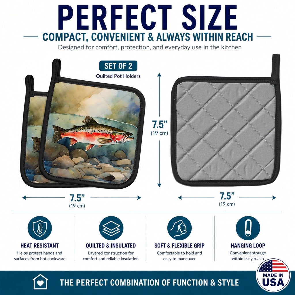 Trout Pot Holder Set of 2 Heat Resistant Quilted Hot Pads 7.5 x 7.5 Inch, Insulated Kitchen Trivets for Cooking & Baking