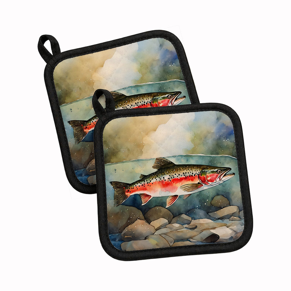 Trout Pot Holder Set of 2 Heat Resistant Quilted Hot Pads 7.5 x 7.5 Inch, Insulated Kitchen Trivets for Cooking & Baking