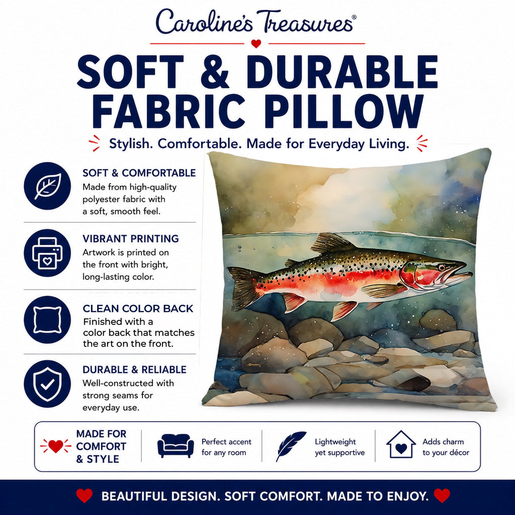 Trout Decorative Throw Pillow 14x14 Indoor Outdoor Accent Cushion, Fabric Cover with Insert for Sofa, Bed, Porch & Living Room