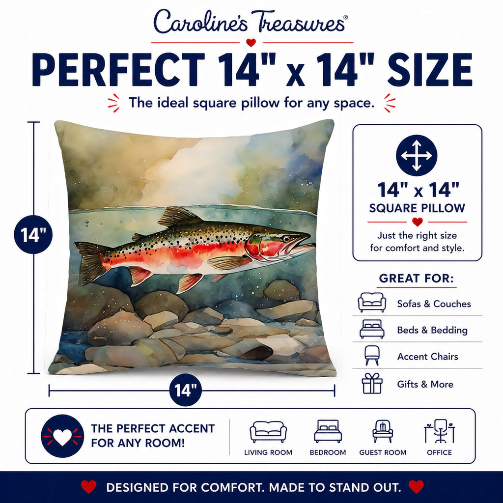 Trout Decorative Throw Pillow 14x14 Indoor Outdoor Accent Cushion, Fabric Cover with Insert for Sofa, Bed, Porch & Living Room