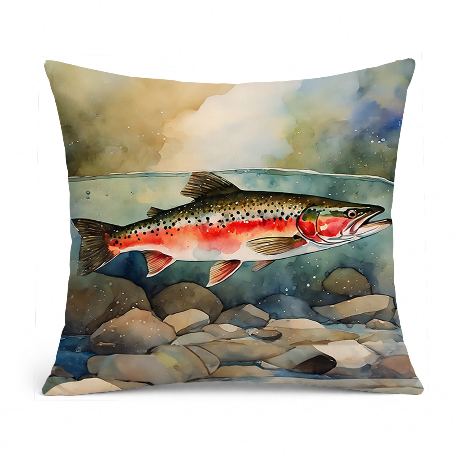 Trout Decorative Throw Pillow 14x14 Indoor Outdoor Accent Cushion, Fabric Cover with Insert for Sofa, Bed, Porch & Living Room