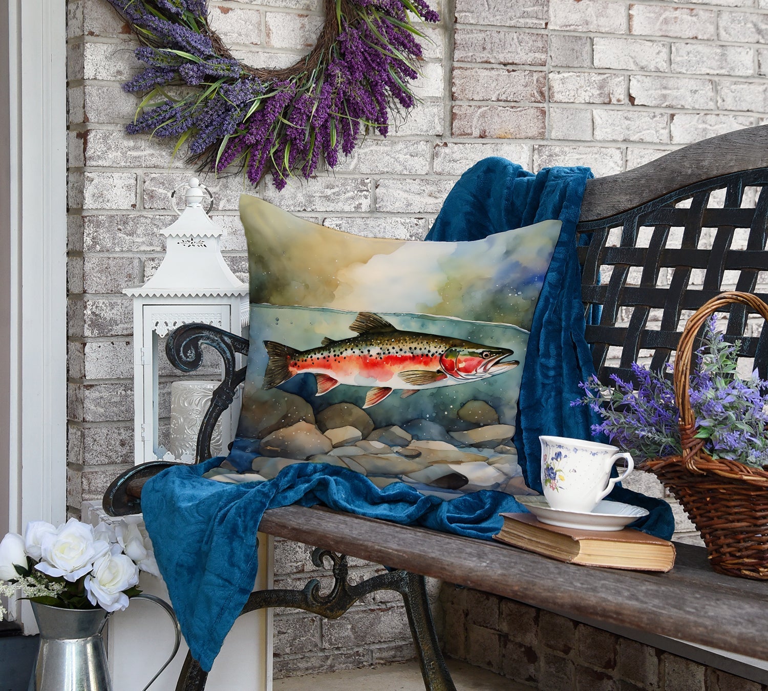 Trout Decorative Throw Pillow 18x18 Indoor Outdoor Accent Cushion, Fabric Cover with Insert for Sofa, Bed, Porch & Living Room