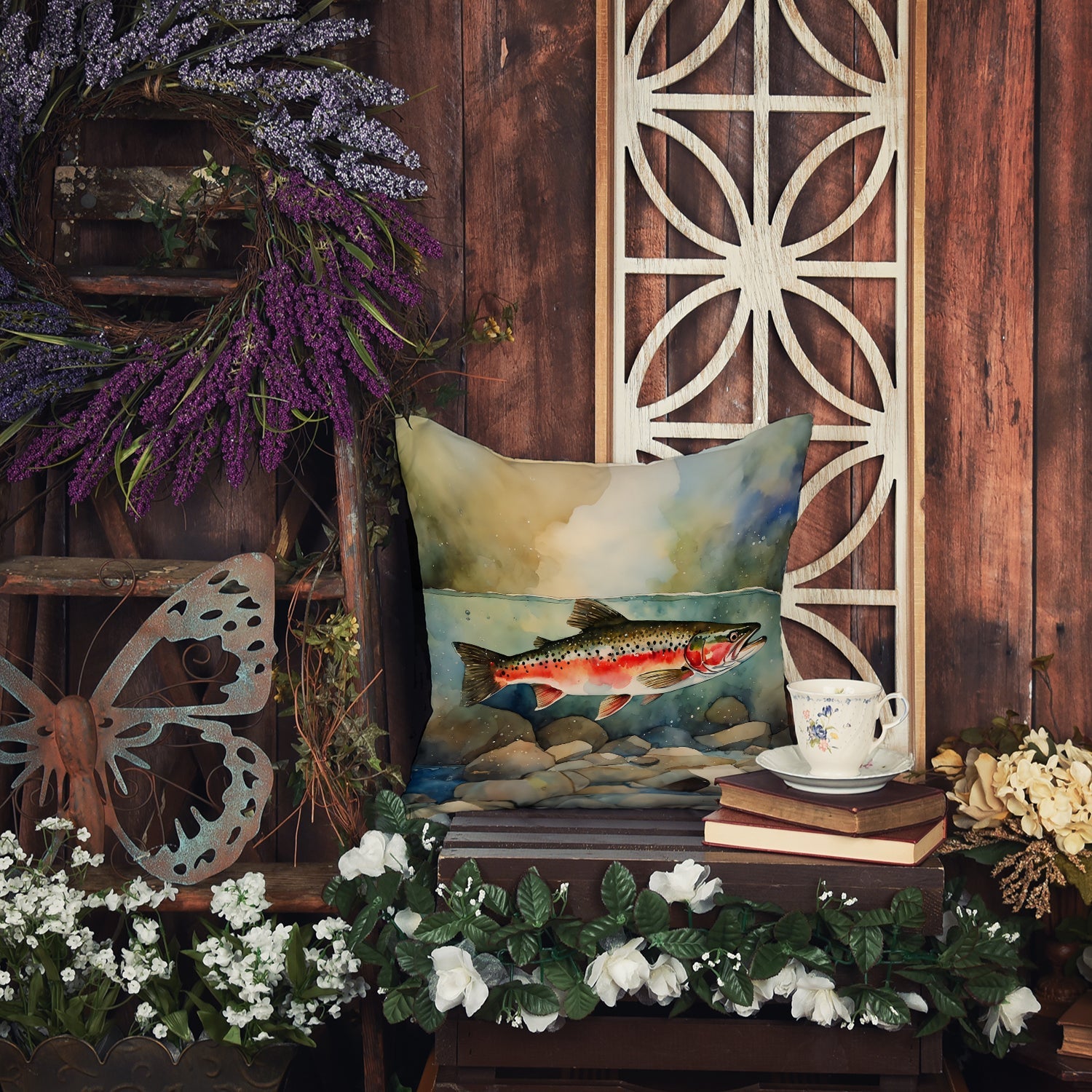 Trout Decorative Throw Pillow 18x18 Indoor Outdoor Accent Cushion, Fabric Cover with Insert for Sofa, Bed, Porch & Living Room