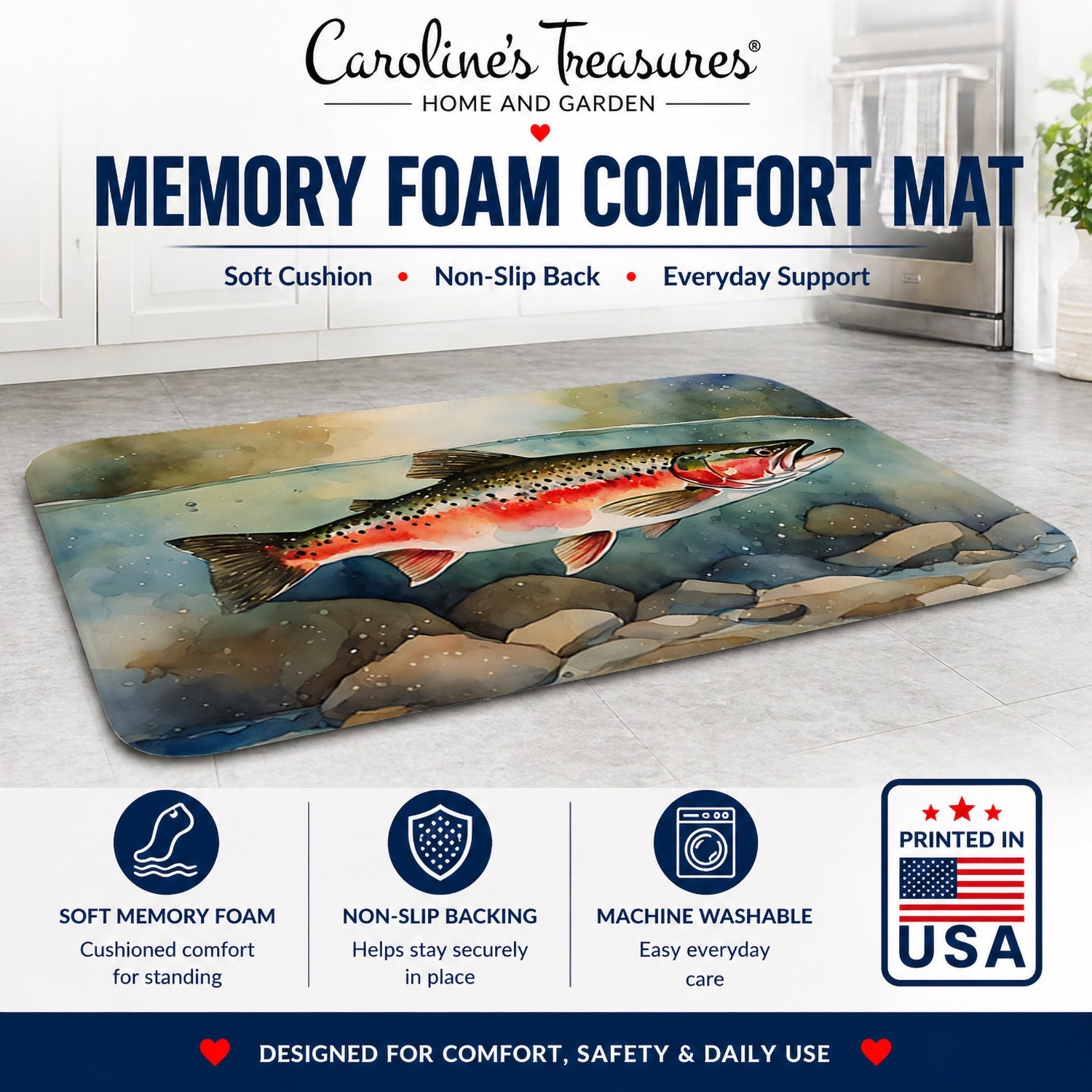 Trout Memory Foam Kitchen Mat Machine Washable Anti-Fatigue Cushion Comfort Bath or Kitchen Rug