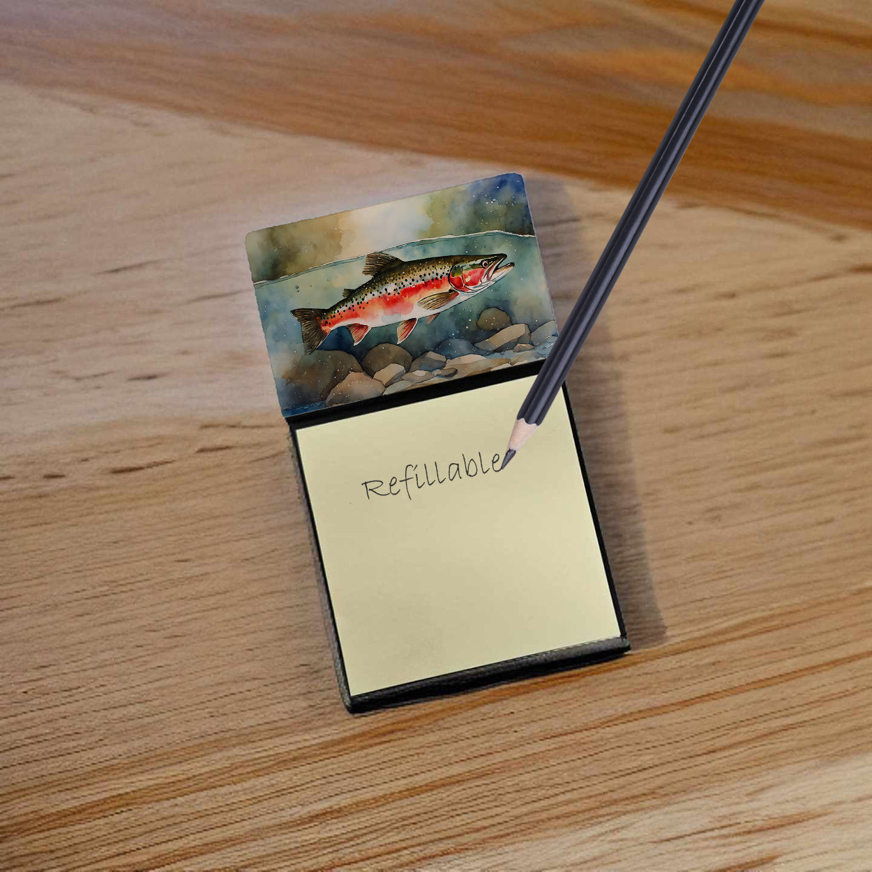 Trout Watercolor Sticky Note Holder Refillable Dispenser Desk Accessory 3x3 Pad Gift