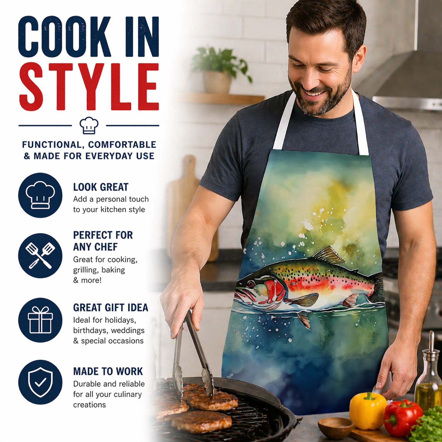 Trout Apron Cooking Kitchen Server Baking Crafts Gardening for Adult Women Men, Unisex, Large, Multicolor