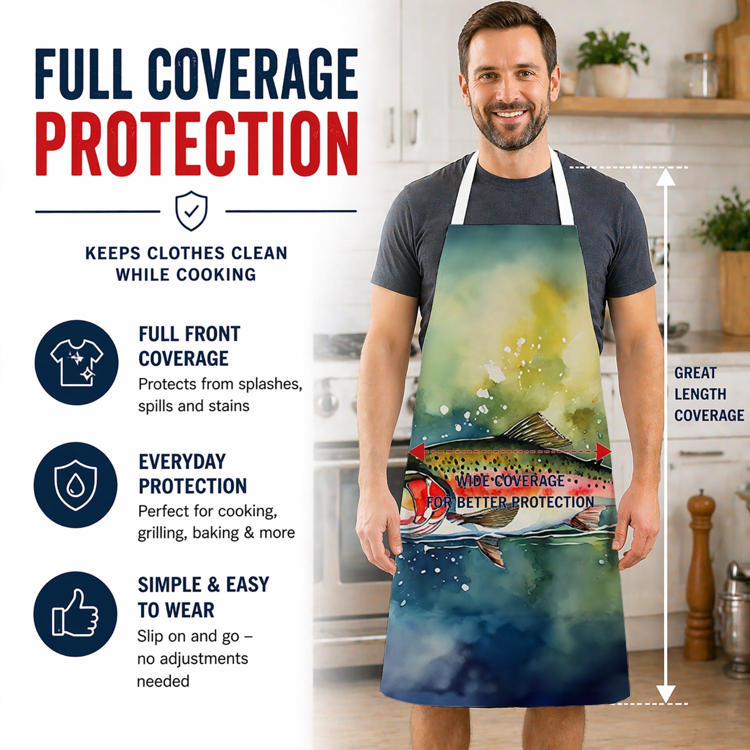 Trout Apron Cooking Kitchen Server Baking Crafts Gardening for Adult Women Men, Unisex, Large, Multicolor
