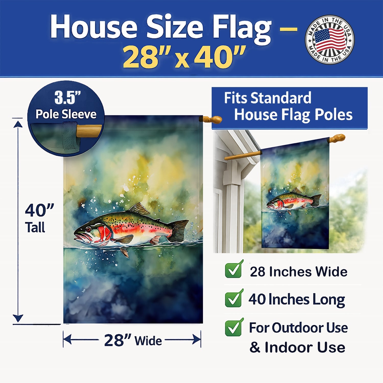 Trout House Flag 28x40 Porch Sleeve Pole Decorative Outside Yard Banner Artwork Wall Hanging, Polyester