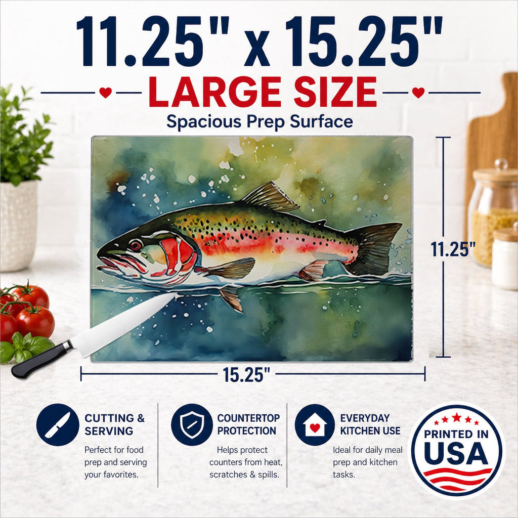 Trout Cutting Board Tempered Glass Kitchen Cutting Surface, Heat Resistant Chopping, Non-Slip Feet, Food Prep & Serving